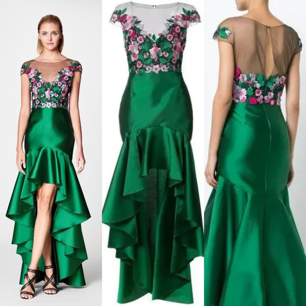 Marchesa notte Silk Embroidered Floral High Low Gown in Green